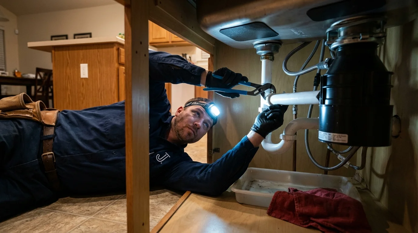 P-trap and supply line connections under a kitchen sink showing a common leak point in Saint George, SC